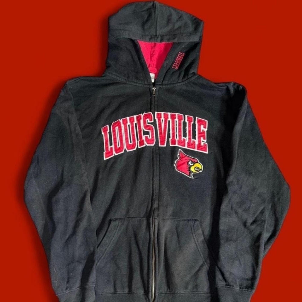 Louisville Cardinals Zip Up Hoodie Stadium Athletics Black Red NCAA College Y2K